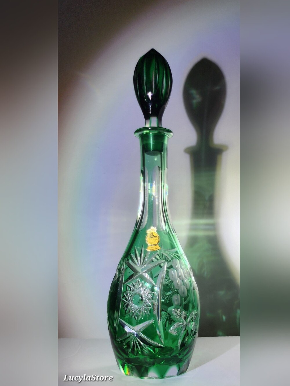 Imperlux Vintage Emerald Green Cut to Clear Lead Crystal Decanter 14in Germany